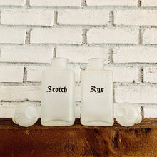 Load image into Gallery viewer, 1940s Frosted Glass Decanter Set. Scotch & Rye Bottles. Vintage Barware. Perfect Housewarming Gift. - Scotch Street Vintage