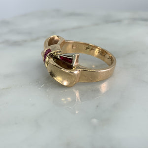 1940s Ruby Bow Shaped Ring set in 14K Yellow Gold. July Birthstone. 15th Anniversary Gift. - Scotch Street Vintage