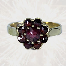 Load image into Gallery viewer, 1950s Garnet Cluster Ring in a 14k Yellow Gold Flower Setting. Unique Bohemian Engagement Ring. - Scotch Street Vintage