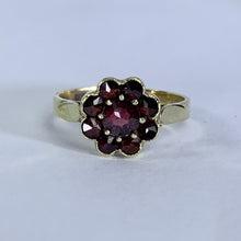 Load image into Gallery viewer, 1950s Garnet Cluster Ring in a 14k Yellow Gold Flower Setting. Unique Bohemian Engagement Ring. - Scotch Street Vintage