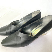 Load image into Gallery viewer, 1960s Black Kitten Heel Pumps in Black Satin with a Lucite Heel. Made for Saks Fifth Avenue. - Scotch Street Vintage
