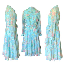 Load image into Gallery viewer, 1960s Blue Floral Shirt Dress by Miss Elliette with a Blue Base & Pink Flowers. Midi Length Fit & Flare. - Scotch Street Vintage