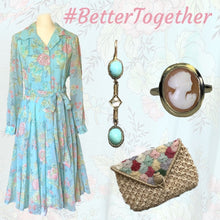 Load image into Gallery viewer, 1960s Blue Floral Shirt Dress by Miss Elliette with a Blue Base & Pink Flowers. Midi Length Fit & Flare. - Scotch Street Vintage
