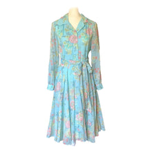 Load image into Gallery viewer, 1960s Blue Floral Shirt Dress by Miss Elliette with a Blue Base & Pink Flowers. Midi Length Fit & Flare. - Scotch Street Vintage