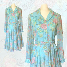 Load image into Gallery viewer, 1960s Blue Floral Shirt Dress by Miss Elliette with a Blue Base & Pink Flowers. Midi Length Fit & Flare. - Scotch Street Vintage