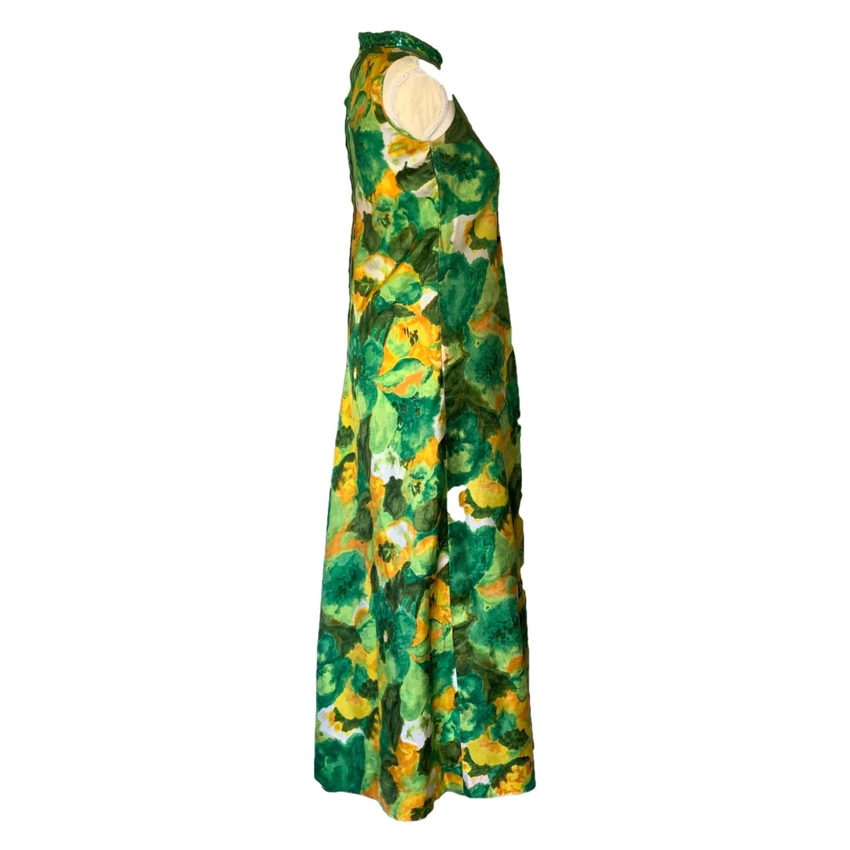 green and yellow floral maxi dress 1960s Floral Maxi Dress with Green and Yellow Flowers by Reef. Perfect