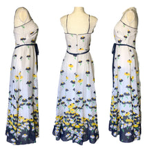 Load image into Gallery viewer, 1960s Floral Summer Maxi Dress by Miss Elliette with Capelet. Blue and Yellow Daisies Flower Pattern. - Scotch Street Vintage