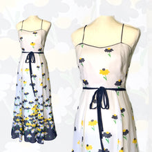 Load image into Gallery viewer, 1960s Floral Summer Maxi Dress by Miss Elliette with Capelet. Blue and Yellow Daisies Flower Pattern. - Scotch Street Vintage