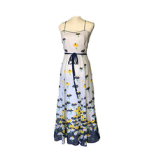 Load image into Gallery viewer, 1960s Floral Summer Maxi Dress by Miss Elliette with Capelet. Blue and Yellow Daisies Flower Pattern. - Scotch Street Vintage