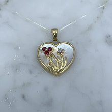Load image into Gallery viewer, 1960s Heart Shaped Mother of Pearl Pendant with Diamond and Ruby Flowers set in 10k Yellow Gold. - Scotch Street Vintage
