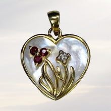 Load image into Gallery viewer, 1960s Heart Shaped Mother of Pearl Pendant with Diamond and Ruby Flowers set in 10k Yellow Gold. - Scotch Street Vintage