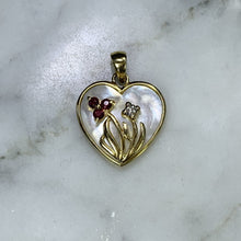 Load image into Gallery viewer, 1960s Heart Shaped Mother of Pearl Pendant with Diamond and Ruby Flowers set in 10k Yellow Gold. - Scotch Street Vintage
