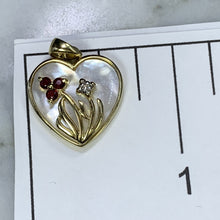 Load image into Gallery viewer, 1960s Heart Shaped Mother of Pearl Pendant with Diamond and Ruby Flowers set in 10k Yellow Gold. - Scotch Street Vintage