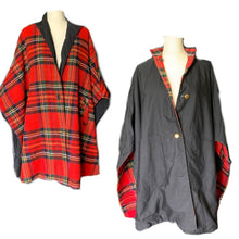 Load image into Gallery viewer, 1960s Reversible Wool Poncho Cape in Red Tartan Plaid and Black Cotton. Two in one! - Scotch Street Vintage