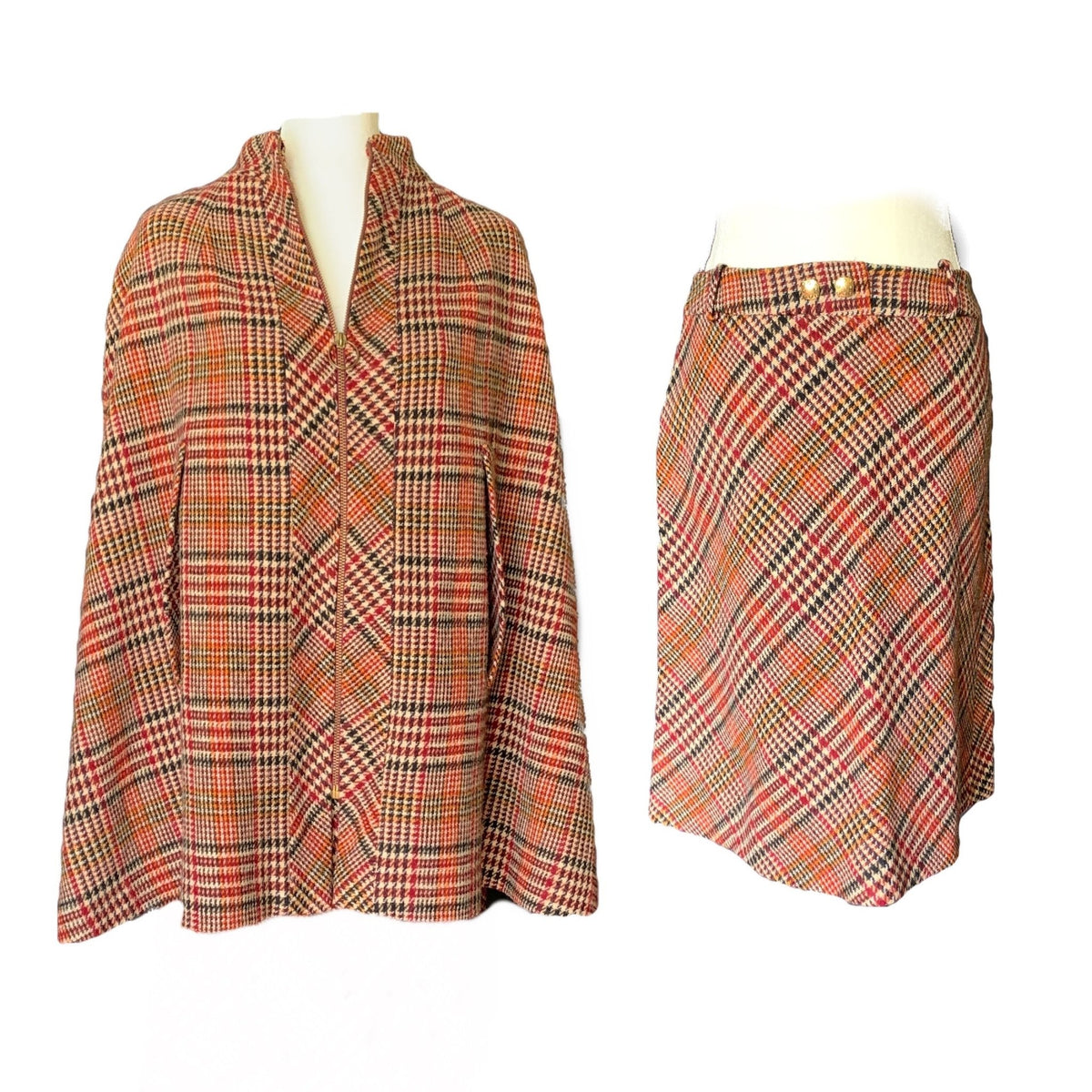 1960s Wool Houndstooth Plaid Cape and Skirt Suit Set from