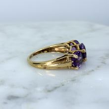 Load image into Gallery viewer, 1970s Amethyst Ring with Three Bright Purple Gemstones set in Yellow Gold. February Birthstone. - Scotch Street Vintage