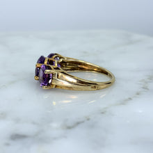 Load image into Gallery viewer, 1970s Amethyst Ring with Three Bright Purple Gemstones set in Yellow Gold. February Birthstone. - Scotch Street Vintage