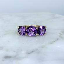 Load image into Gallery viewer, 1970s Amethyst Ring with Three Bright Purple Gemstones set in Yellow Gold. February Birthstone. - Scotch Street Vintage