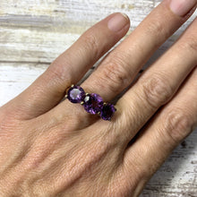 Load image into Gallery viewer, 1970s Amethyst Ring with Three Bright Purple Gemstones set in Yellow Gold. February Birthstone. - Scotch Street Vintage