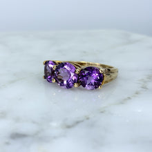 Load image into Gallery viewer, 1970s Amethyst Ring with Three Bright Purple Gemstones set in Yellow Gold. February Birthstone. - Scotch Street Vintage