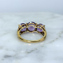 Load image into Gallery viewer, 1970s Amethyst Ring with Three Bright Purple Gemstones set in Yellow Gold. February Birthstone. - Scotch Street Vintage