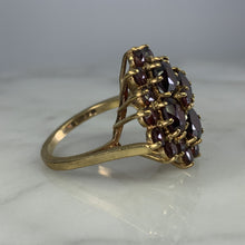 Load image into Gallery viewer, 1970s Bohemian Garnet Cluster Ring in Yellow Gold. Statement Cocktail Right Hand Ring. - Scotch Street Vintage