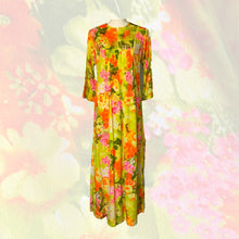Load image into Gallery viewer, 1970s Hawaiian Floral Maxi Dress in Bright Yellows Oranges Pinks and Greens. Perfect Festival Dress. - Scotch Street Vintage