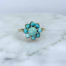 Load image into Gallery viewer, 1970s Turquoise Ring in Yellow Gold. Boho Cluster Flower. Estate Jewelry. December Birthstone. - Scotch Street Vintage