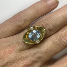 Load image into Gallery viewer, Aquamarine Diamond Statement Ring in a 14k Yellow Gold Modernist Setting. March Birthstone. - Scotch Street Vintage