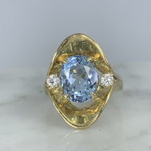Load image into Gallery viewer, Aquamarine Diamond Statement Ring in a 14k Yellow Gold Modernist Setting. March Birthstone. - Scotch Street Vintage