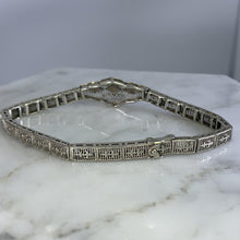 Load image into Gallery viewer, Art Deco Diamond Bracelet. 10K White Gold Filigree Link Bracelet. April Birthstone. - Scotch Street Vintage