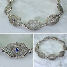 Load image into Gallery viewer, Art Deco Sapphire Diamond Bracelet in a 14k Gold Filigree Setting. Estate Jewelry. 1920s. - Scotch Street Vintage