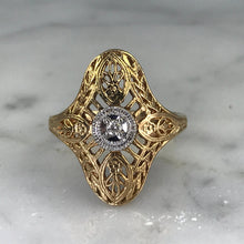 Load image into Gallery viewer, Diamond Shield Ring. 10K Gold. Art Nouveau Filigree. April Birthstone. 10 Year Anniversary. - Scotch Street Vintage
