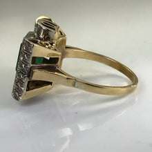 Load image into Gallery viewer, Emerald Diamond Ring. 18K Gold. Bow Tie Design. May Birthstone. 20th Anniversary Gift. - Scotch Street Vintage