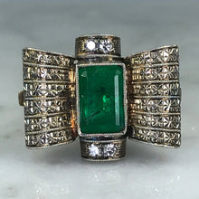 Load image into Gallery viewer, Emerald Diamond Ring. 18K Gold. Bow Tie Design. May Birthstone. 20th Anniversary Gift. - Scotch Street Vintage