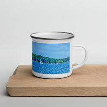 Load image into Gallery viewer, Enamel Mug with Scenic Lake Life Art from Clear Lake Indiana. Perfect Travel or Camping Coffee Cup. - Scotch Street Vintage