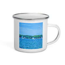 Load image into Gallery viewer, Enamel Mug with Scenic Lake Life Art from Clear Lake Indiana. Perfect Travel or Camping Coffee Cup. - Scotch Street Vintage