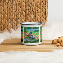 Load image into Gallery viewer, Enamel Mug with Zen Rock Stacking Art Photo. Coffee Cup with Stone Tower. Perfect Gift for the Coffee Lover - Scotch Street Vintage