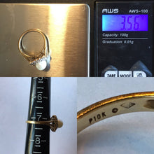 Load image into Gallery viewer, Vintage Pearl Engagement Ring. Diamond Halo. 10K Yellow Gold. June Birthstone. 4th Anniversary Gift.
