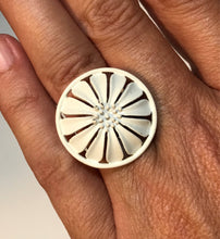 Load image into Gallery viewer, Upcycled Enamel Flower Ring. Vintage White Flower Ring. Recycled Daisy Ring