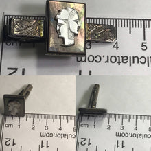 Load image into Gallery viewer, Vintage Cufflinks and Tie Bar Set. Three Faced Soldier Cameo. Sterling Silver and Mother of Pearl.