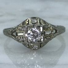 Load image into Gallery viewer, Art Deco Diamond Engagement Ring. 18K White Gold. April Birthstone. 10 Year Anniversary Gift.