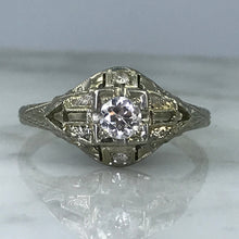 Load image into Gallery viewer, Art Deco Diamond Engagement Ring. 18K White Gold. April Birthstone. 10 Year Anniversary Gift.
