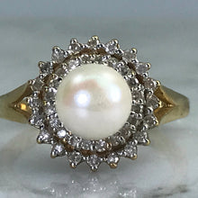 Load image into Gallery viewer, Vintage Pearl Engagement Ring. Diamond Halo. 10K Yellow Gold. June Birthstone. 4th Anniversary Gift.