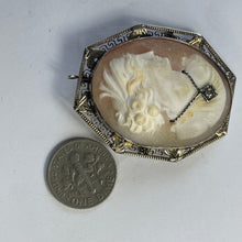 Load image into Gallery viewer, Victorian Cameo Pendant or Brooch with Large Carved Carnelian Shell Lady with Diamond Necklace.