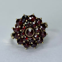 Load image into Gallery viewer, 1940s Garnet Cluster Ring in 14k Yellow Gold. Bohemian Ring. January Birthstone.