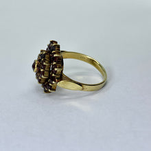 Load image into Gallery viewer, 1940s Garnet Cluster Ring in 14k Yellow Gold. Bohemian Ring. January Birthstone.