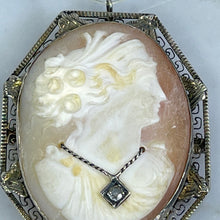 Load image into Gallery viewer, Victorian Cameo Pendant or Brooch with Large Carved Carnelian Shell Lady with Diamond Necklace.