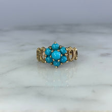 Load image into Gallery viewer, 1970s Turquoise Flower Ring in Yellow Gold. Boho Chic Cluster Floral Setting. December Birthstone.