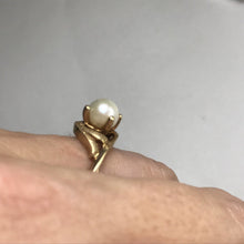 Load image into Gallery viewer, Pearl Diamond Engagement Ring. 10k Brushed Gold. June Birthstone. 4th Anniversary Gift. - Scotch Street Vintage